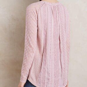 ANTHROPOLOGIE Feathered Lace Pullover Knit Top Lace Back Crochet Sleeves